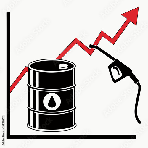 A graphic illustration depicts a rising red line graph connected to an oil barrel and a fuel nozzle symbolizing increasing energy prices