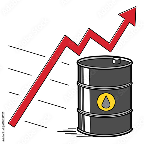 A graphic illustration depicts a rising red arrow emerging from an oil barrel symbolizing increasing energy prices and market growth high quality