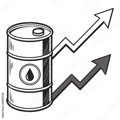 A vintage style illustration depicts an oil barrel alongside a sharply rising graph symbolizing increasing energy prices and market trends high quality
