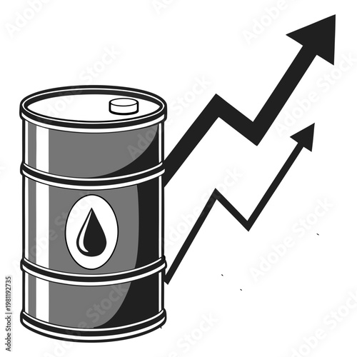 A graphic illustration depicts a black oil barrel beside a rising arrow graph symbolizing increasing energy prices and market trends high quality