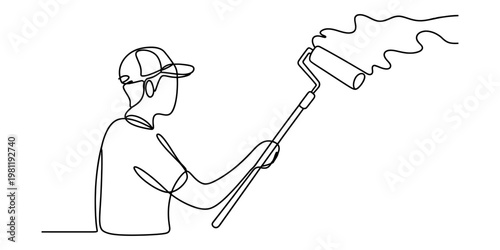 A single continuous line drawing of a male painter wearing a cap using a roller to paint a wall Vector, illustration