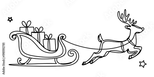 A simple continuous line drawing of a flying reindeer pulling a sleigh filled with gift boxes Vector, illustration