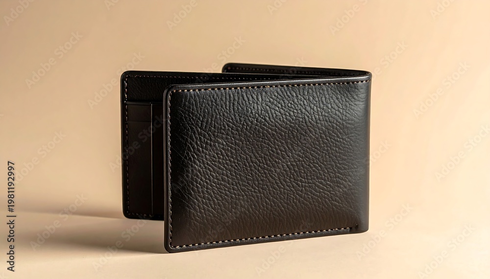Naklejka premium Elegant Black Leather Bi-Fold Wallet on a Neutral Background.