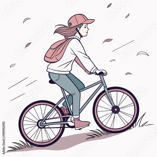 A young woman with a red cap and backpack is cheerfully riding a bicycle through an autumnal scene with falling leaves