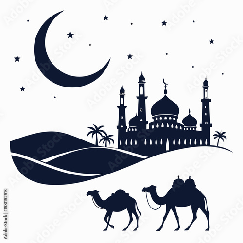 A serene illustration depicts a crescent moon a majestic mosque rolling dunes and two camels traversing a desert landscape high quality professional
