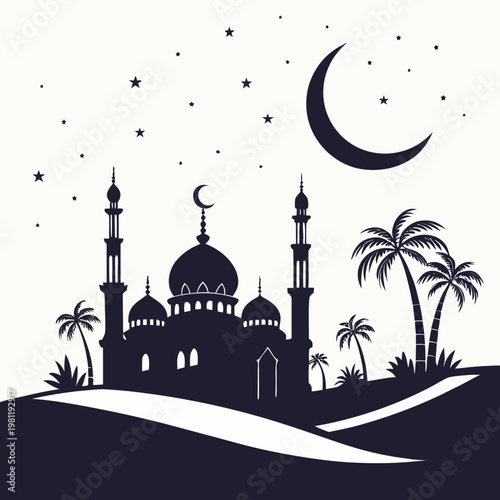 A silhouetted mosque with minarets and a crescent moon shines against a starry night sky framed by palm trees and dunes