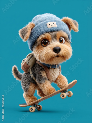 Cute fluffy puppy skateboarding wearing winter hat and backpack