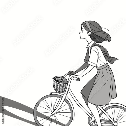 A young woman with flowing hair is peacefully riding a bicycle with a basket gazing into the distance with a serene expression