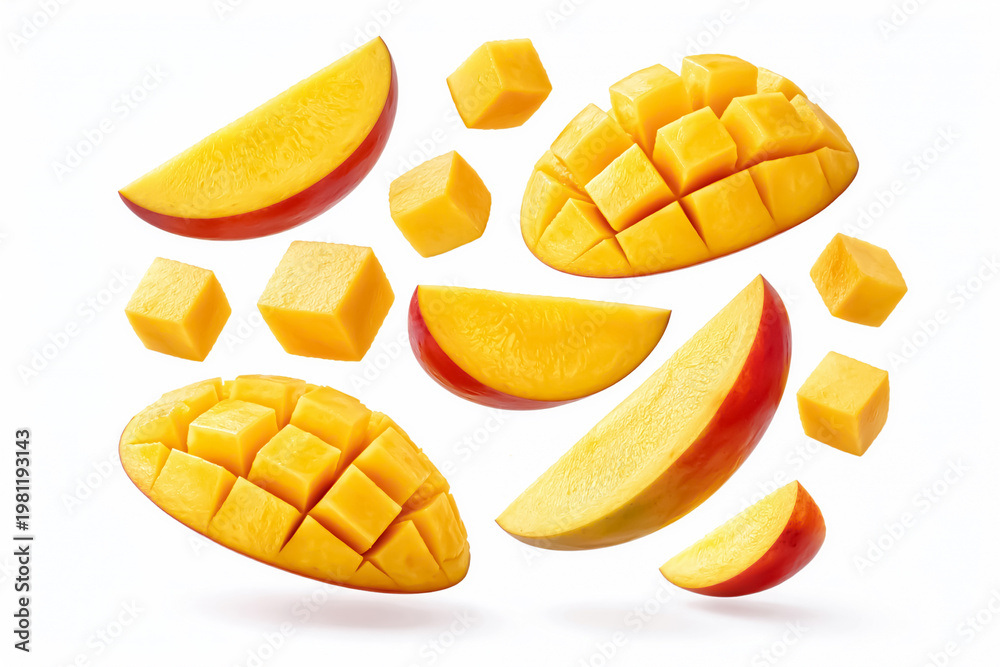 Fototapeta premium Fresh Mango Halves Slices and Cubes Floating on White Background