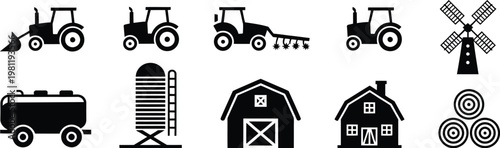 Farm icons set black agricultural equipment symbols tractor plow silo barn windmill tanker hay bale isolated white background illustration