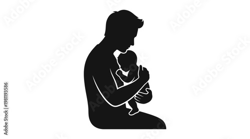 Black silhouette of father holding newborn baby isolated on white background for parenting family and fatherhood concepts