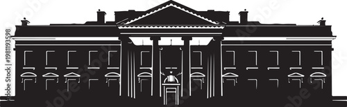 Black and white illustration of government building, neoclassical architecture, vector icon, government institution