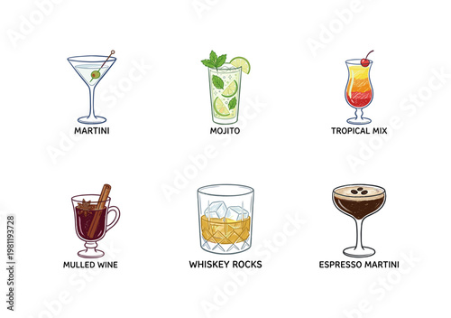 Classic Cocktails and Mixed Alcoholic Beverages with Colorful Crayony Brush Strokes and Expressive Sketchy Texture.