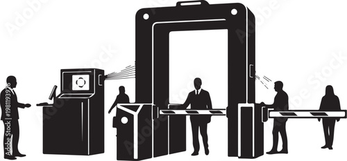 Security checkpoint, airport scanner, metal detector, silhouette people, security gate