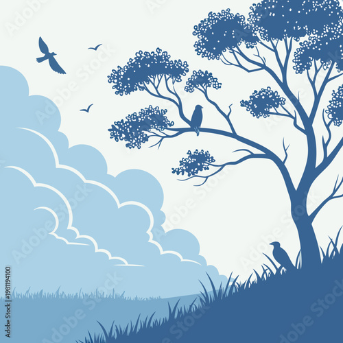 A blue silhouette of a tree on a hill with birds flying