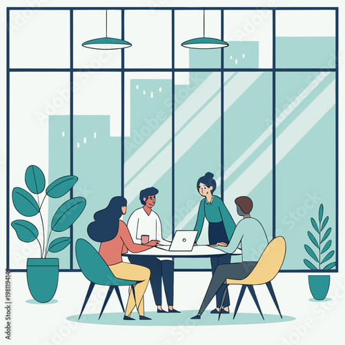 Four people sitting around a table with a laptop