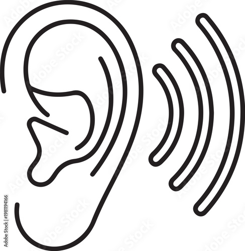 Line art drawing of a human ear with sound waves emanating from it listening communication perception illustration information vibration frequency acoustic reception auditory
