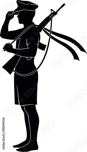 Black vector silhouette of a barefoot soldier freedom fighter standing with a rifle on his shoulder against a white background