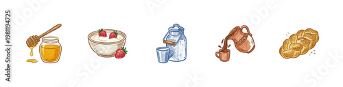 Dairy Products and Farm Fresh Breakfast Foods in Colorful Crayony Brushstroke Style