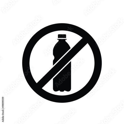 A black and white prohibition sign depicts a plastic bottle with a diagonal line through it indicating it is not allowed