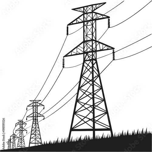 A stark black and white illustration depicts a series of towering electrical pylons receding into the distance conveying power and infrastructure