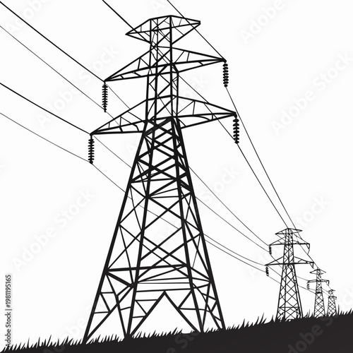 A stark black and white illustration depicts a series of high voltage electricity pylons receding into the distance symbolizing power and infrastructure