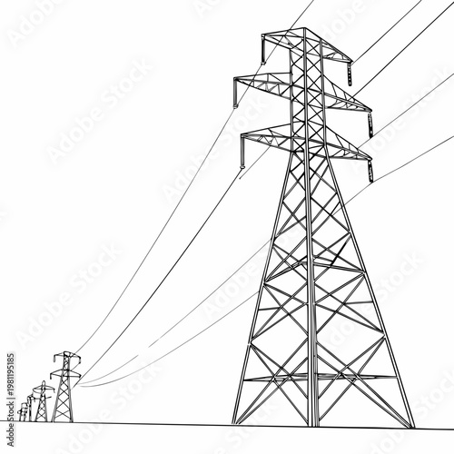 A detailed sketch depicts a row of tall steel electricity pylons stretching across a bright white background high quality professional modern elegant