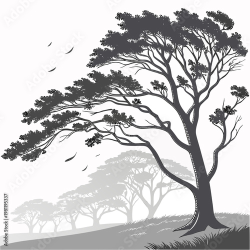 A detailed black and white illustration depicts a windswept tree with cascading foliage and a background of distant silhouetted trees high quality