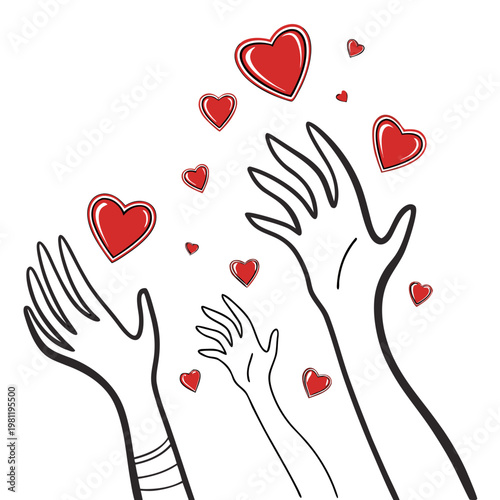 A minimalist illustration depicts two hands reaching upwards towards a scattering of vibrant red hearts symbolizing love and affection high quality professional