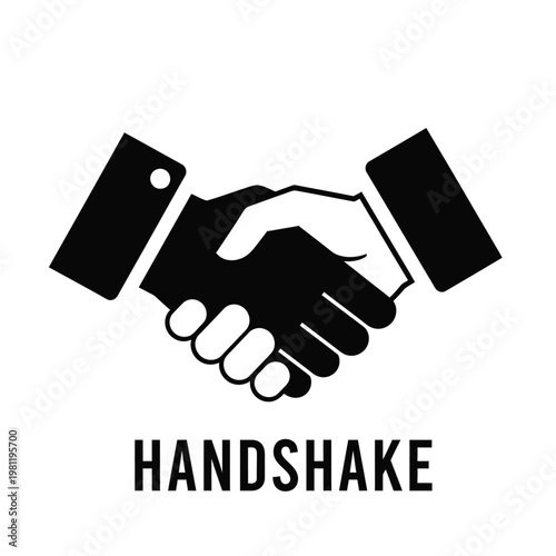 A stark black and white illustration depicts two hands firmly shaking symbolizing agreement and partnership high quality professional detailed modern elegant