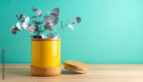 Silver leaves in a yellow jar with wood lid atop a light wood table against a teal background