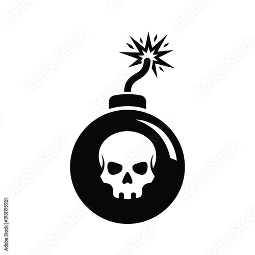 A stark black and white illustration depicts a skull within a round bomb shape topped with a burning fuse high quality