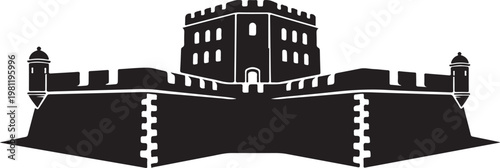 Black castle, medieval fortress, silhouette icon, vector illustration, ancient architecture