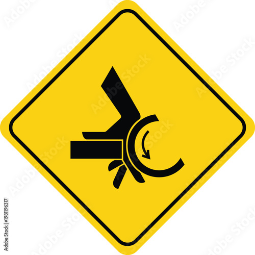 Warning sign for crushing hazard pictogram of a hand being caught in machinery safety symbol for industrial danger isolated on yellow background