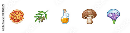 Italian Cuisine and Mediterranean Cooking Ingredients with Colorful Crayony Pencil Texture and Vintage Sketch Aesthetic