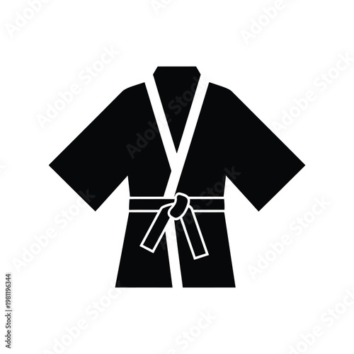 A simple black and white silhouette depicting a traditional japanese kimono with an obi belt tied at the waist high quality