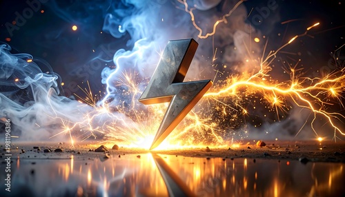 Silver lightning bolt sparks against a smoky background creating a dynamic energy display on a reflective surface