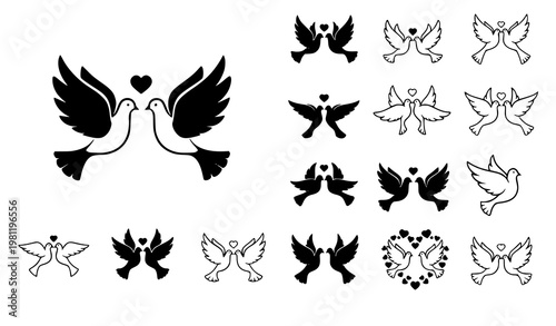 Minimal wedding dove icon set love bird silhouette vector isolated on white background