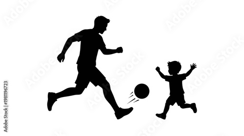Silhouette of father and son playing soccer together on white background man kicking ball to young boy family sports activity vector illustration
