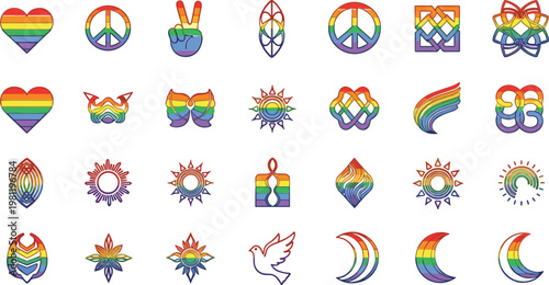 Lgbt pride rainbow icons set featuring hearts peace signs sun shapes and diverse pride flag colors.