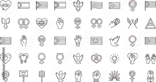 Set of lgbt pride line icons, gay and lesbian love symbol, gender equality, rainbow flag.