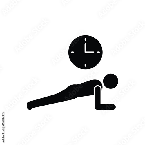 A minimalist black glyph depicts a person doing a plank exercise while a clock hovers overhead high quality professional