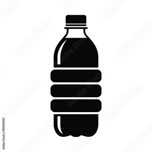 A simple black silhouette depicts a plastic water bottle with a ribbed base isolated on a white background