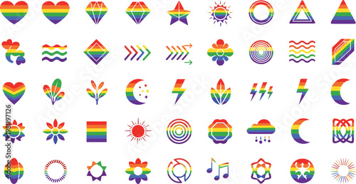 Vibrant collection of rainbow colored lgbtq pride symbols including hearts, flags, and natural elements.