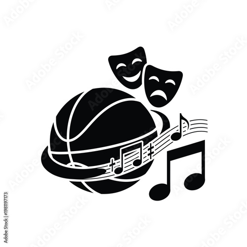 A black and white graphic depicts a basketball with theatrical masks and musical notes symbolizing arts integration high quality professional detailed