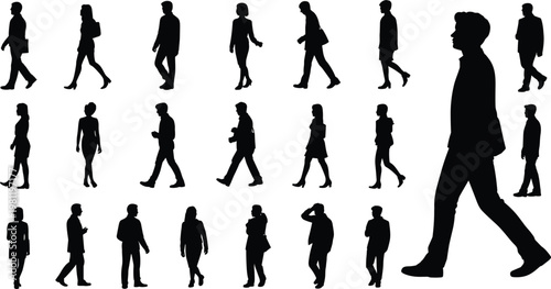 Assortment of people in silhouette walking and standing with bags on a white background collection