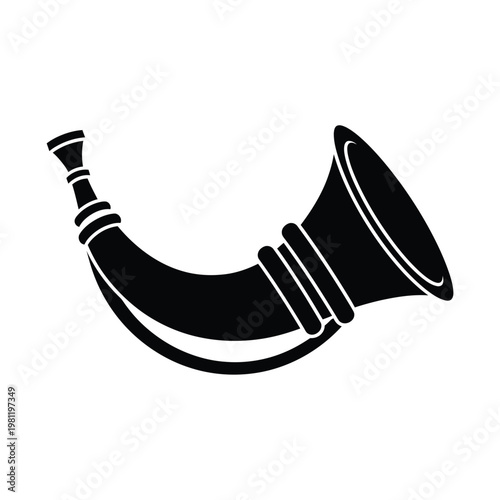 A stark black silhouette depicts a curved antique bugle horn showcasing its distinctive shape and detailing high quality professional