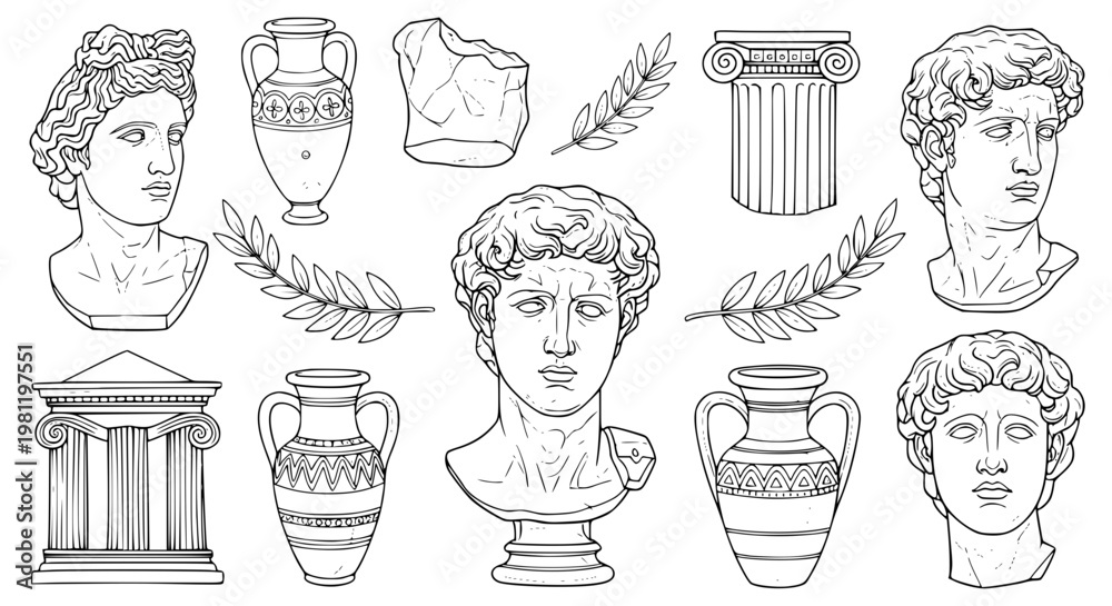 Φωτογραφία Ancient Greek sculpture doodle collection vector hand sketch classical statue de