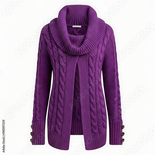A purple cardigan with a cowl neck and long sleeves