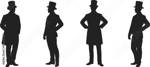 Four men in silhouette wearing top hats and formal attire on a white background formal wear historical